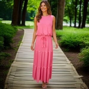 Knox Rose Tiered Midi Dress S Coral Pink Tassels Sleeveless Jersey Knit Bohemian
